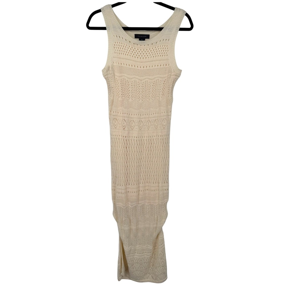 Tahari Womens Open Knit Sleeveless Maxi Dress Cream Size Small Resortwear Beach